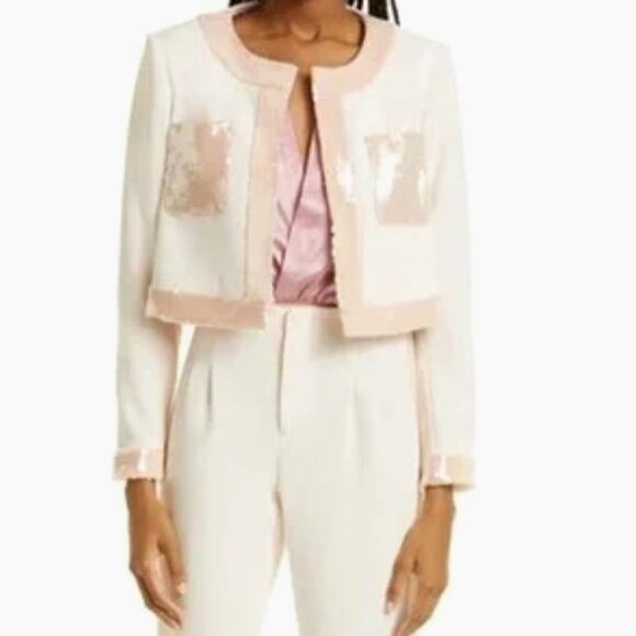 Cinq à Sept Blush Pink & Cream Rina Cropped Sequin Blazer Jacket Sz 6 - Picture 2 of 11
